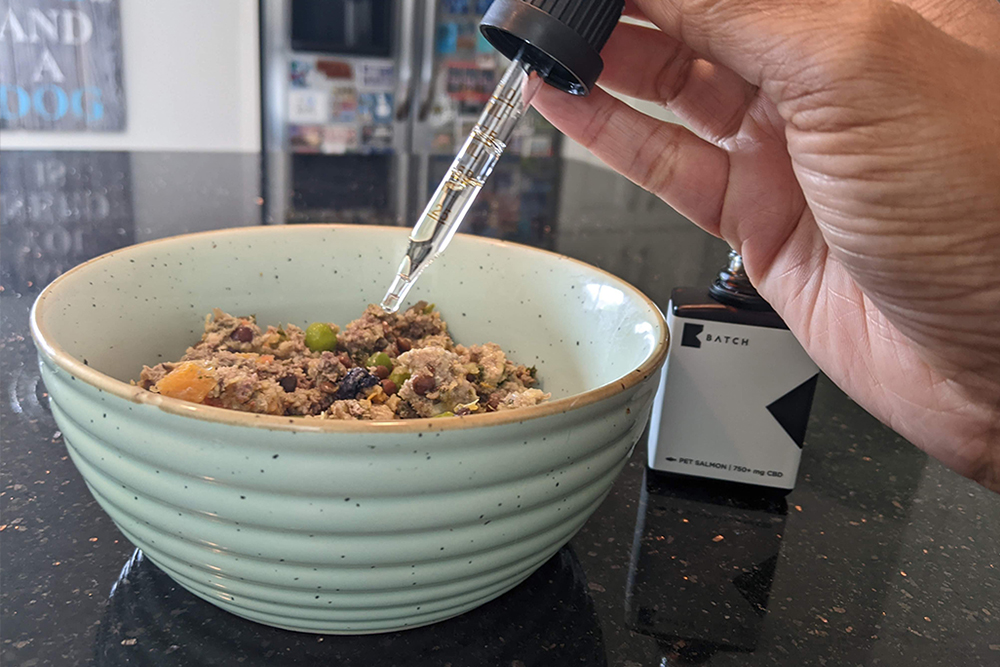 bowl of dog food getting a dropper of BATCH CBD